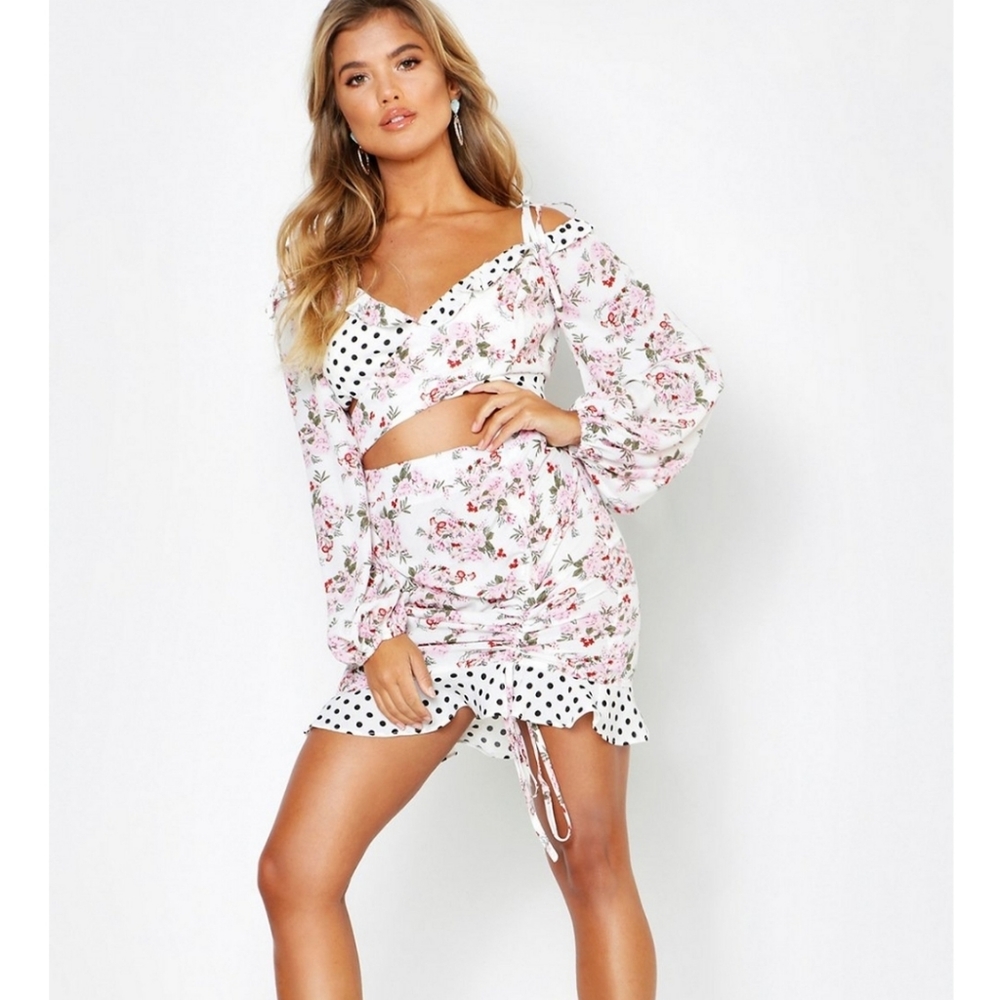 Woven Polka Dot Floral Ruffle Two-Piece
 Boohoo